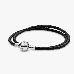 Pandora Moments Black Double-Wrap Braided Leather Bracelet with Silver Clasp